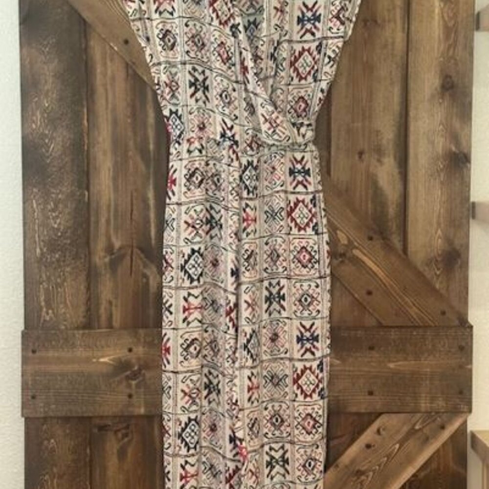 Tucker Clothing Silk Jumpsuit White with Red & Blue Aztec Southwest Print - S